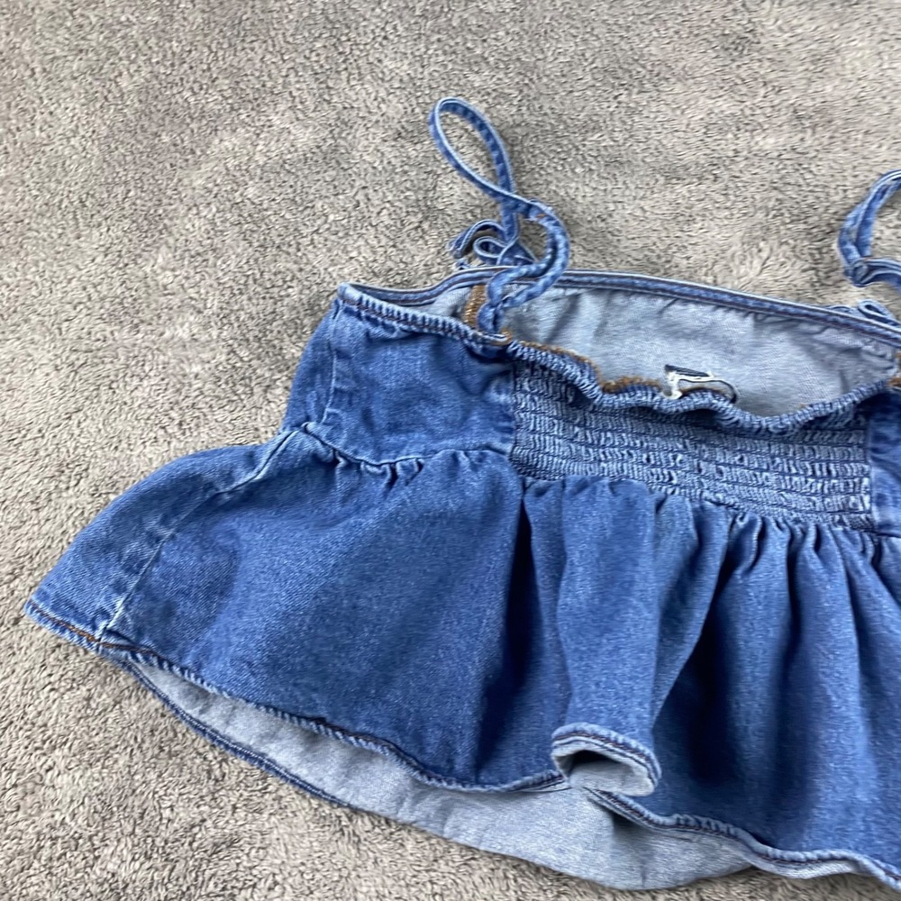 American Eagle Denim Babydoll Top Womens XS Blue Tie Strap Peplum Top - Picture 11 of 12
